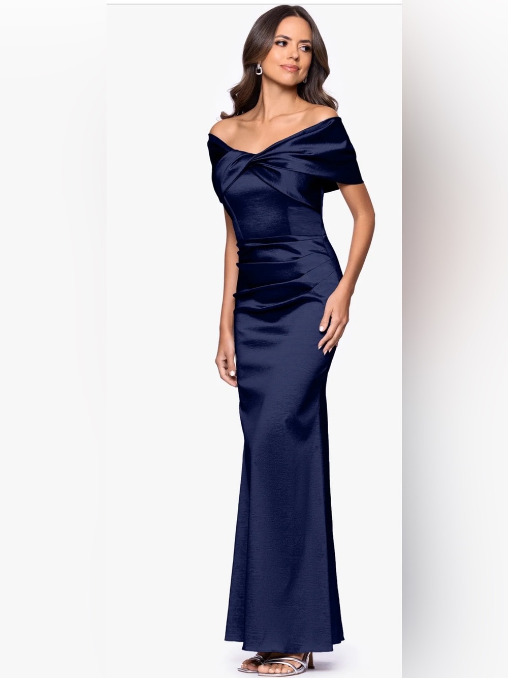 Betsy & Adam Taffeta Twist Off The Shoulder Floor Length Dress Sz 12 - Picture 2 of 7